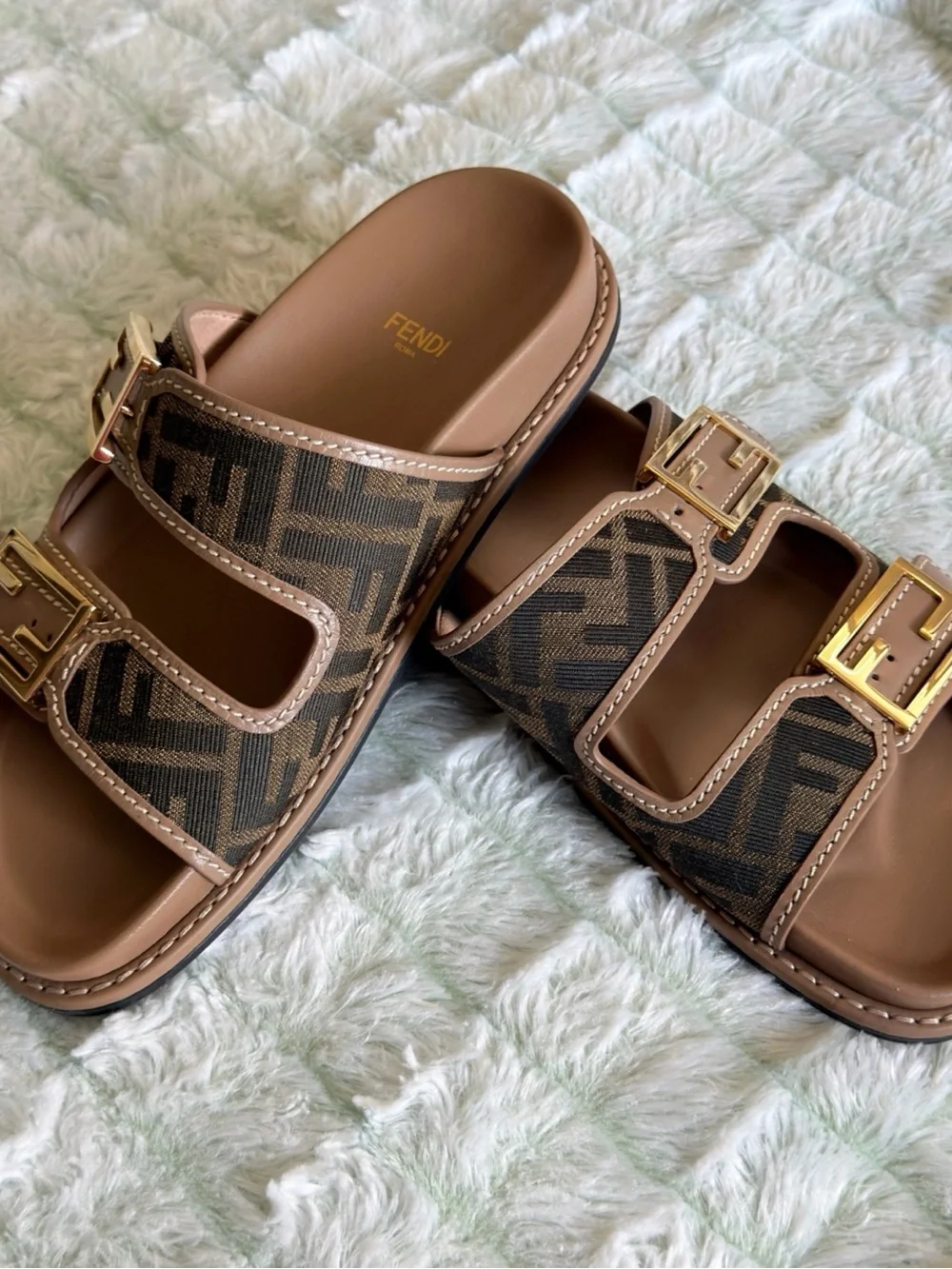 Fendi Women’s Brown FF Logo Double-Strap Sandals